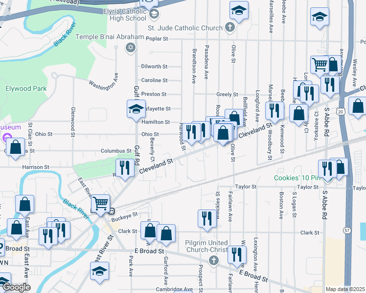 map of restaurants, bars, coffee shops, grocery stores, and more near 119 Harwood Street in Elyria