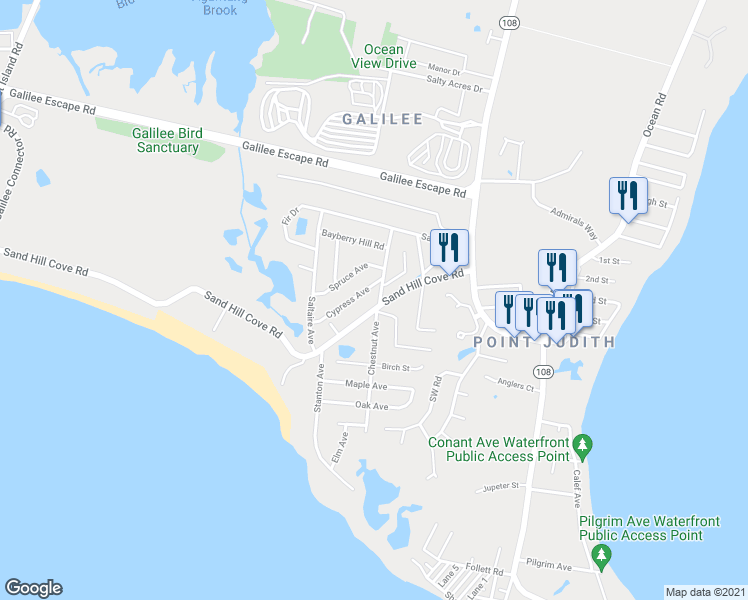 map of restaurants, bars, coffee shops, grocery stores, and more near 41 Chestnut Ave in Narragansett