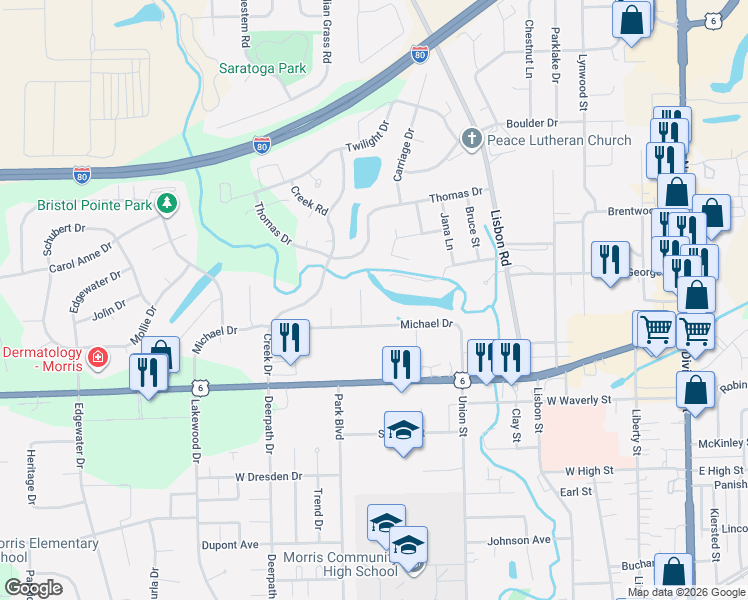 map of restaurants, bars, coffee shops, grocery stores, and more near 1625 Jamey Court in Morris