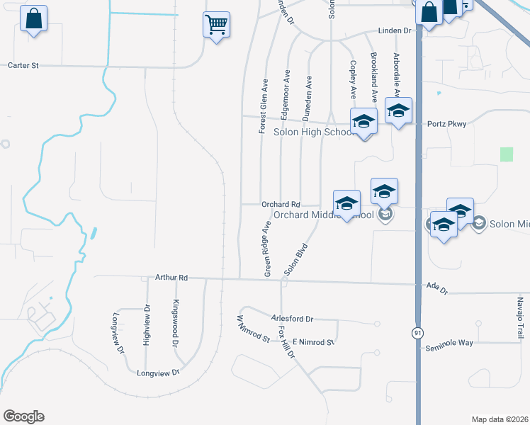 map of restaurants, bars, coffee shops, grocery stores, and more near 6784 Green Ridge Avenue in Solon