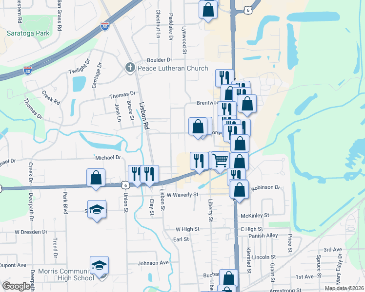 map of restaurants, bars, coffee shops, grocery stores, and more near 18 Lynwood Drive in Morris