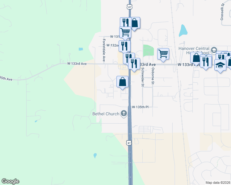 map of restaurants, bars, coffee shops, grocery stores, and more near 11504 W 134th Ct in Cedar Lake
