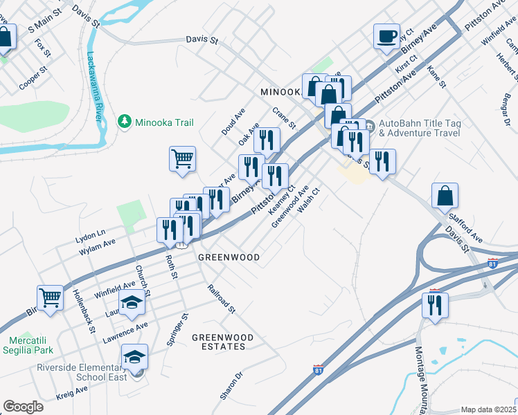 map of restaurants, bars, coffee shops, grocery stores, and more near 3316 Pittston Ave in Moosic