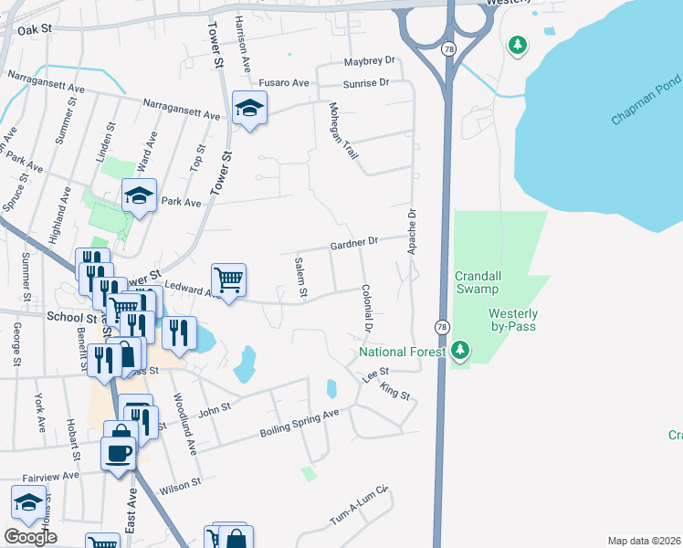 map of restaurants, bars, coffee shops, grocery stores, and more near 5 Reading Drive in Westerly