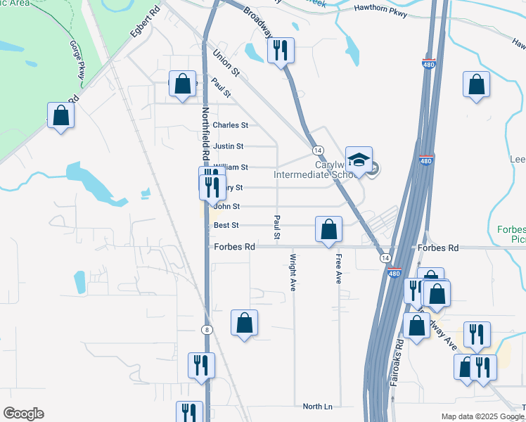 map of restaurants, bars, coffee shops, grocery stores, and more near 100 John Street in Bedford
