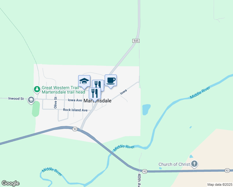 map of restaurants, bars, coffee shops, grocery stores, and more near 115 Iowa in Martensdale