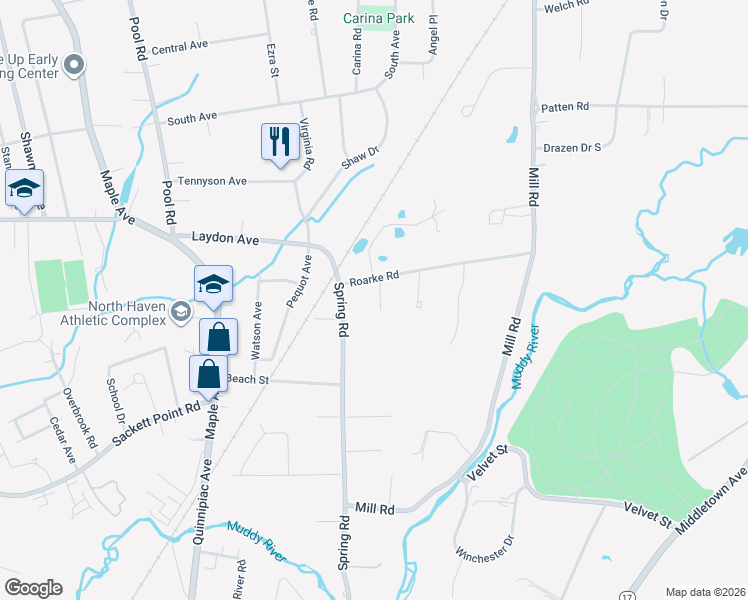 map of restaurants, bars, coffee shops, grocery stores, and more near 312 Spring Road in North Haven