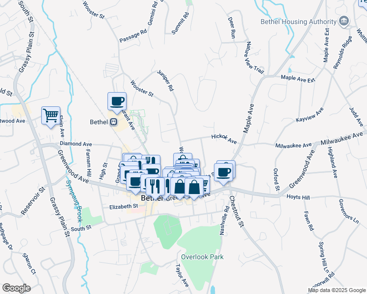 map of restaurants, bars, coffee shops, grocery stores, and more near 27 Wooster Street in Bethel