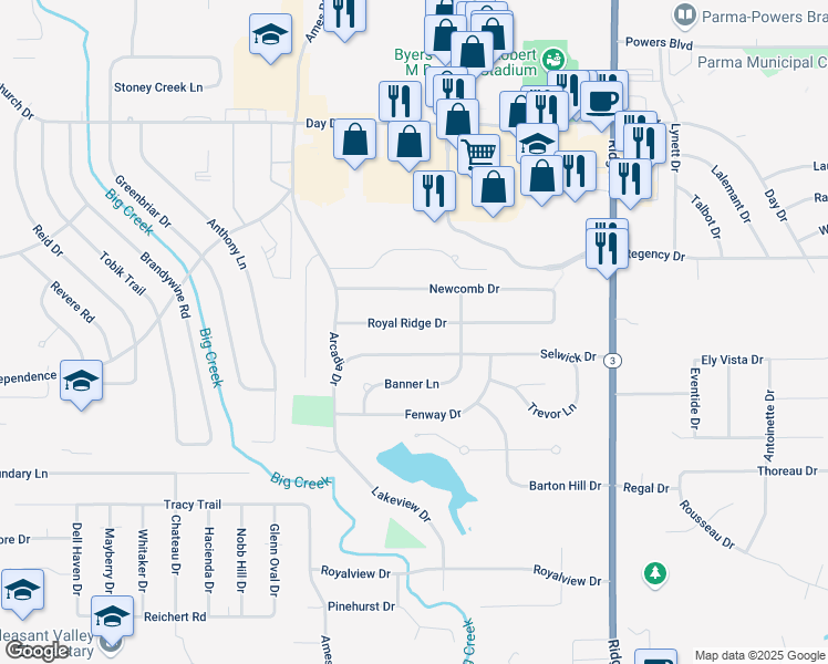 map of restaurants, bars, coffee shops, grocery stores, and more near 8375 Royal Ridge Dr in Parma