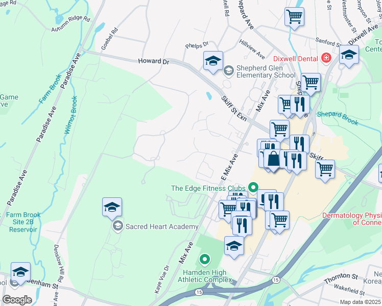 map of restaurants, bars, coffee shops, grocery stores, and more near 93 East Gate Lane in Hamden