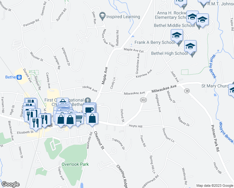 map of restaurants, bars, coffee shops, grocery stores, and more near 33 Milwaukee Avenue in Bethel