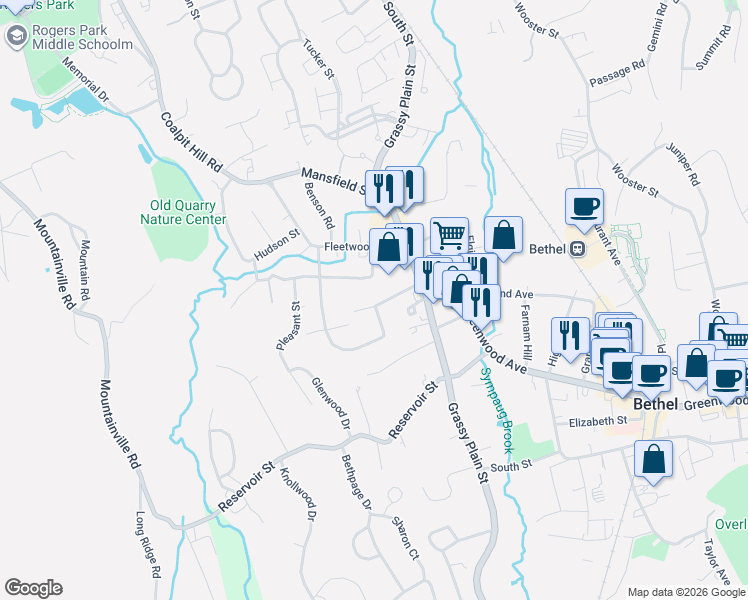 map of restaurants, bars, coffee shops, grocery stores, and more near 8 Grassy Plain Terrace in Bethel