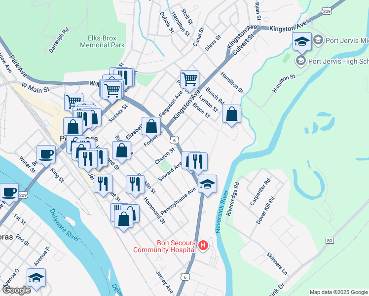 map of restaurants, bars, coffee shops, grocery stores, and more near 78 E Main St in Port Jervis