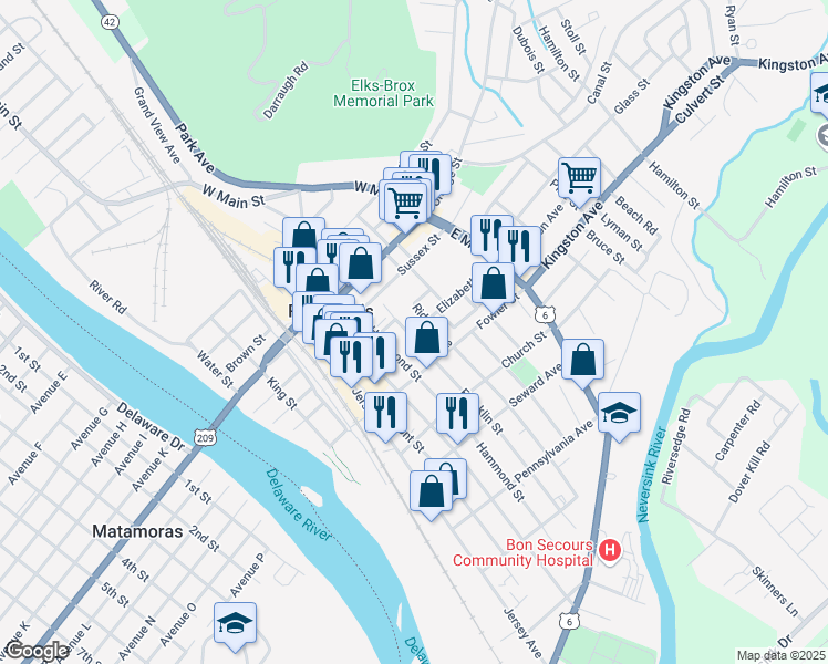 map of restaurants, bars, coffee shops, grocery stores, and more near 12 Franklin Street in Port Jervis