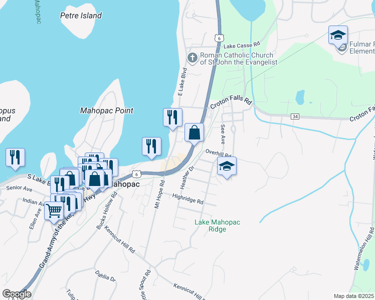 map of restaurants, bars, coffee shops, grocery stores, and more near 710 U.S. 6 in Mahopac