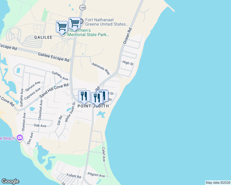 map of restaurants, bars, coffee shops, grocery stores, and more near 31 Ocean Spray Avenue in Narragansett