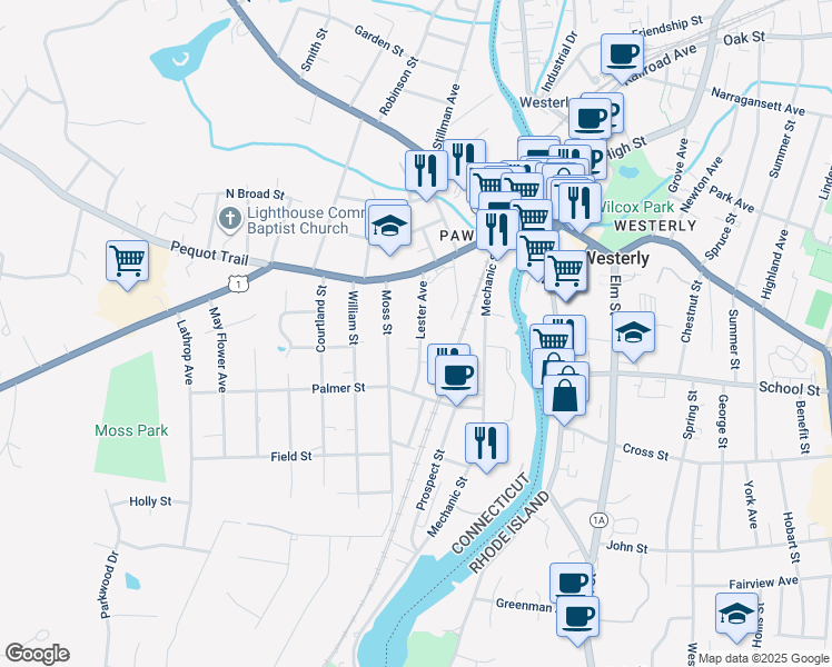map of restaurants, bars, coffee shops, grocery stores, and more near 19 Lester Avenue in Stonington