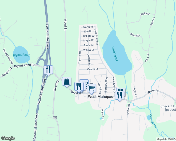 map of restaurants, bars, coffee shops, grocery stores, and more near 66 Orchard Road in Mahopac