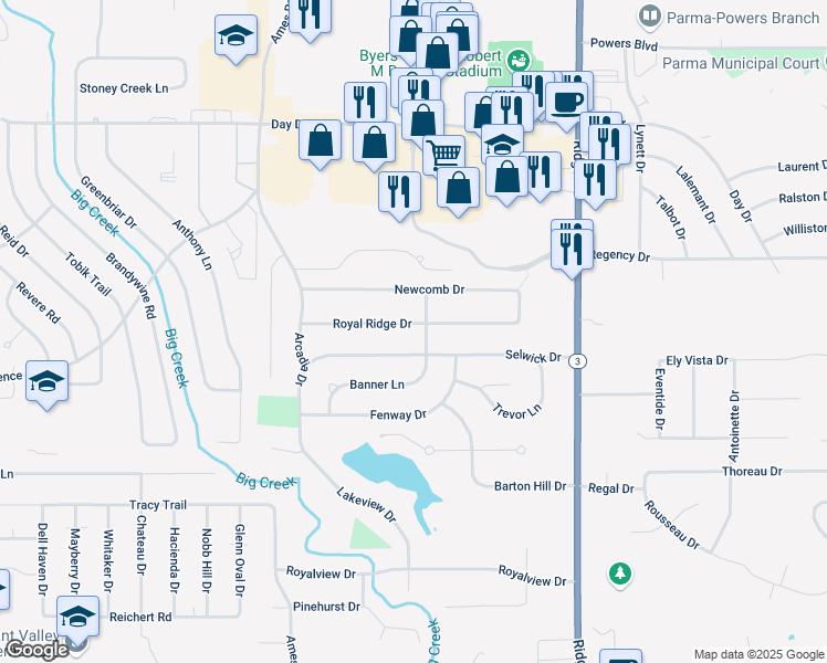 map of restaurants, bars, coffee shops, grocery stores, and more near 8175 Royal Ridge Drive in Parma