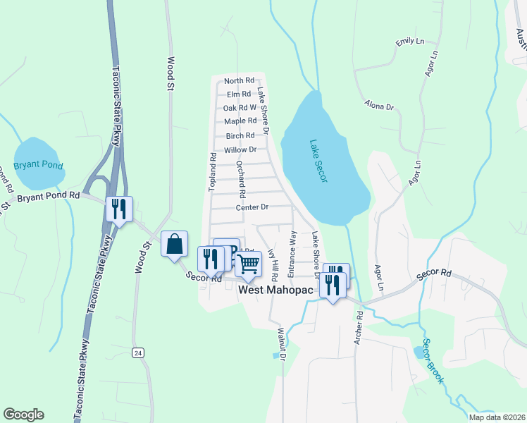 map of restaurants, bars, coffee shops, grocery stores, and more near 244 Center Drive in Mahopac