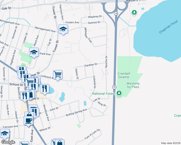 map of restaurants, bars, coffee shops, grocery stores, and more near 5 Reading Drive in Westerly