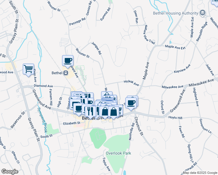 map of restaurants, bars, coffee shops, grocery stores, and more near 27 Wooster Street in Bethel