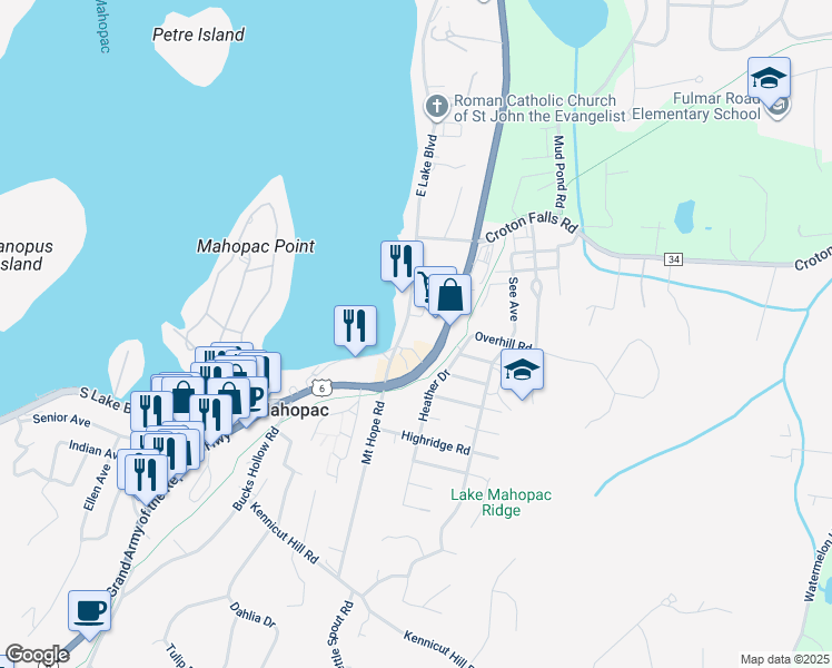 map of restaurants, bars, coffee shops, grocery stores, and more near 710 U.S. 6 in Mahopac
