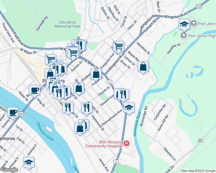 map of restaurants, bars, coffee shops, grocery stores, and more near 56-58 Church Street in Port Jervis