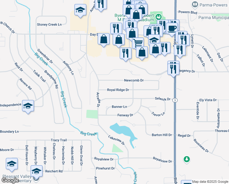 map of restaurants, bars, coffee shops, grocery stores, and more near 8375 Royal Ridge Drive in Parma