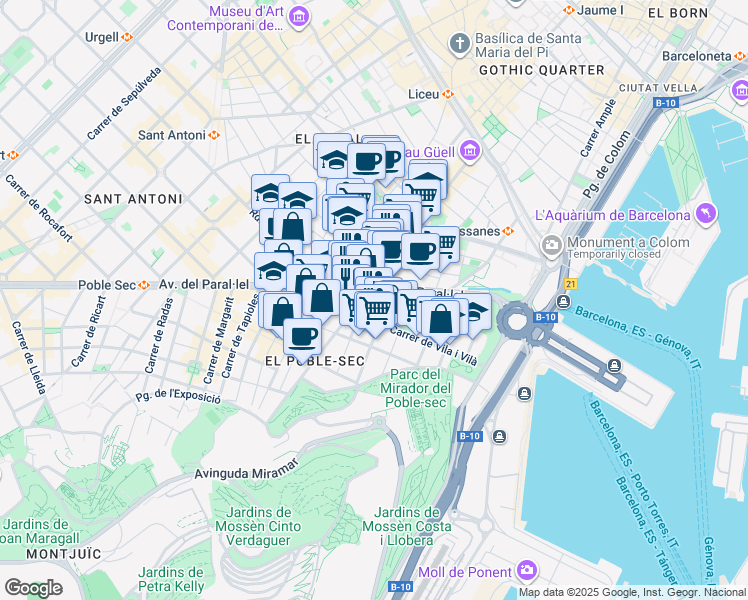map of restaurants, bars, coffee shops, grocery stores, and more near 107 Carrer Nou de la Rambla in Barcelona