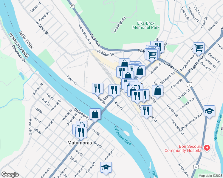 map of restaurants, bars, coffee shops, grocery stores, and more near 26 Brown Street in Port Jervis