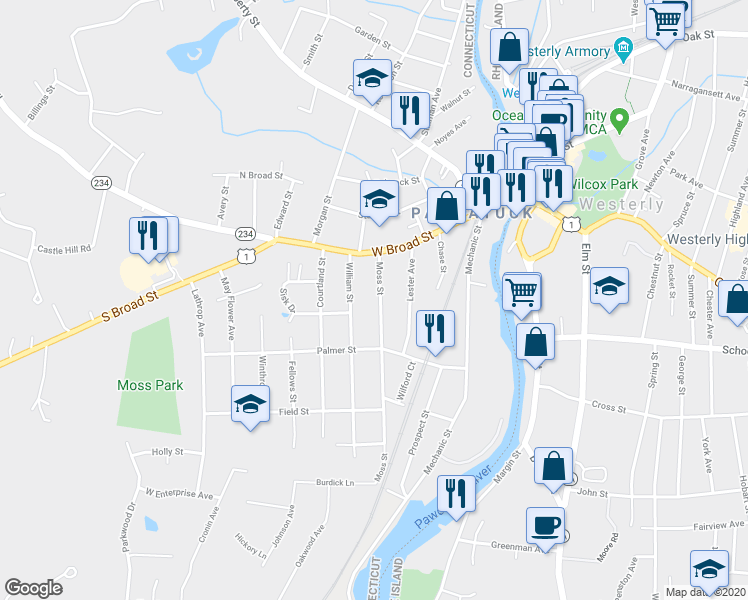 map of restaurants, bars, coffee shops, grocery stores, and more near 17 Moss Street in Stonington