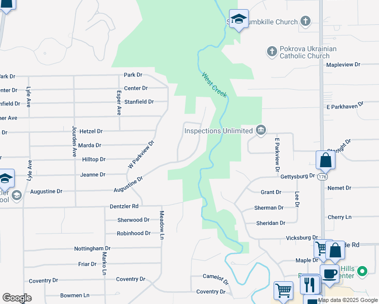 map of restaurants, bars, coffee shops, grocery stores, and more near 2314 Augustine Drive in Parma