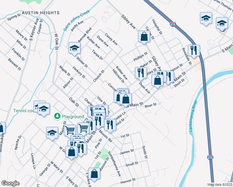 map of restaurants, bars, coffee shops, grocery stores, and more near 120 Corcoran Street in Old Forge