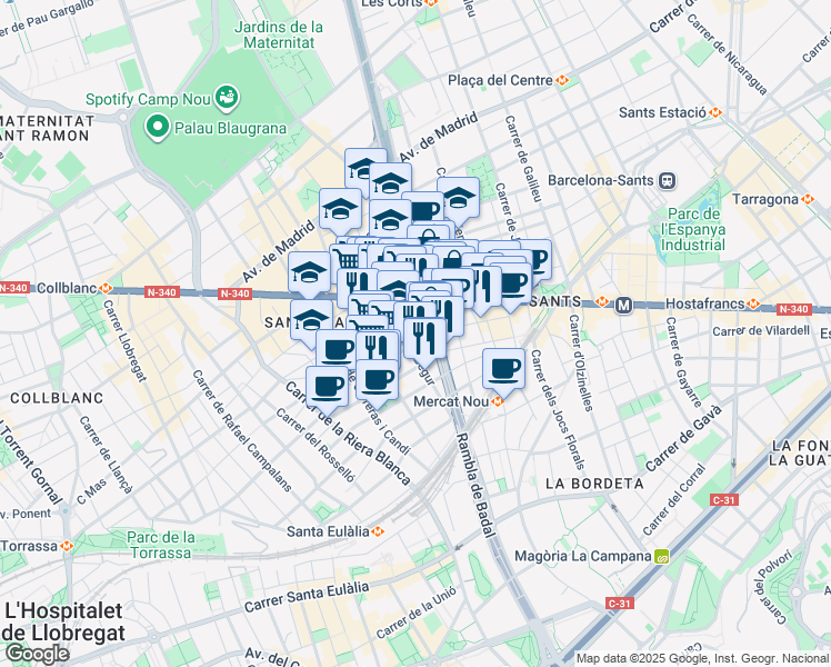 map of restaurants, bars, coffee shops, grocery stores, and more near 30 Carrer de Feliu Casanova in Barcelona