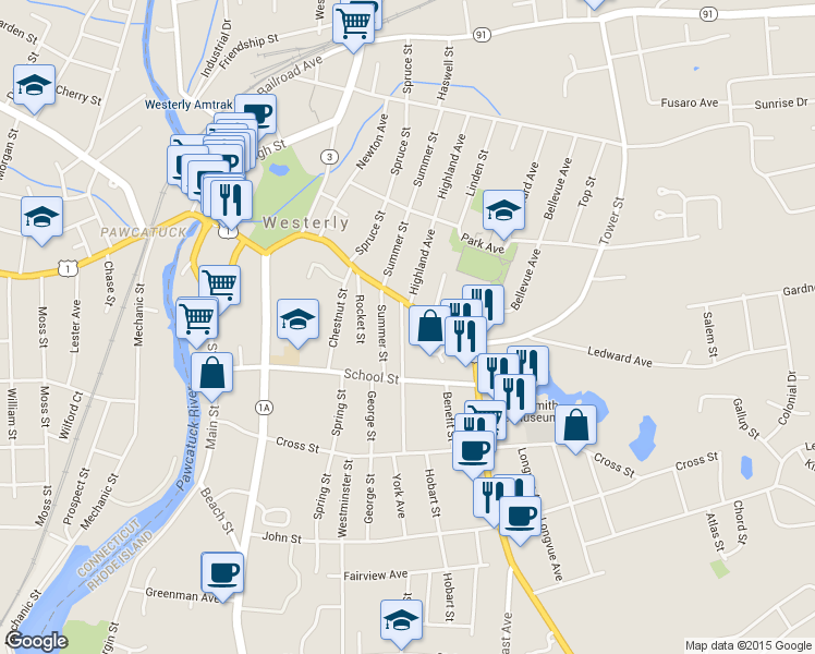 map of restaurants, bars, coffee shops, grocery stores, and more near 4 Chester Avenue in Westerly