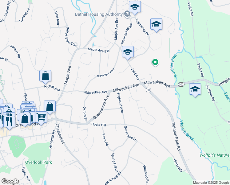 map of restaurants, bars, coffee shops, grocery stores, and more near 77 Milwaukee Avenue in Bethel