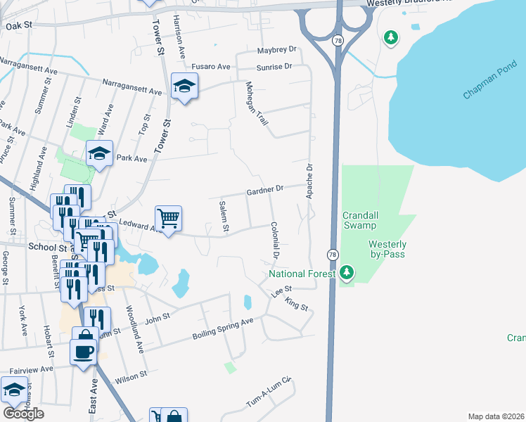 map of restaurants, bars, coffee shops, grocery stores, and more near 5 Reading Drive in Westerly
