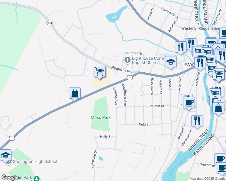 map of restaurants, bars, coffee shops, grocery stores, and more near 5 Lathrop Avenue in Stonington