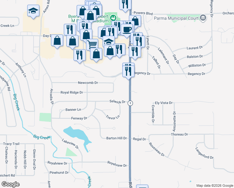 map of restaurants, bars, coffee shops, grocery stores, and more near 7600 Royal Ridge Drive in Parma