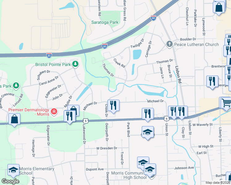 map of restaurants, bars, coffee shops, grocery stores, and more near 1636 Creek Drive in Morris