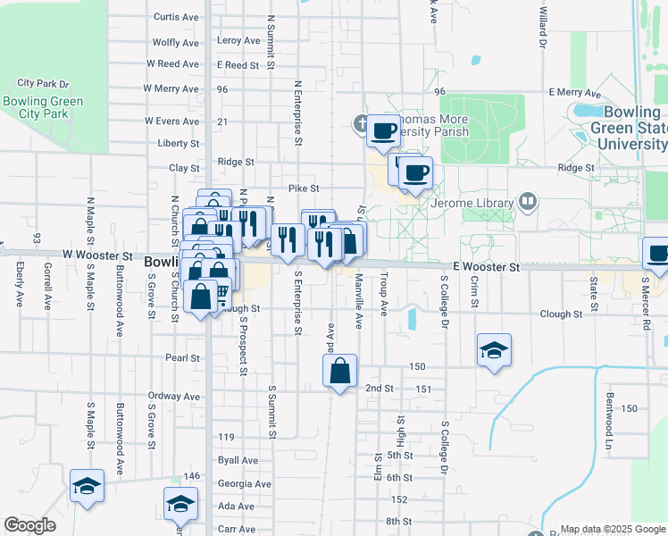 map of restaurants, bars, coffee shops, grocery stores, and more near 111 Railroad Street in Bowling Green