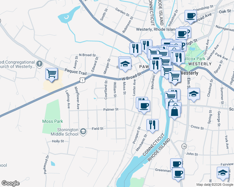 map of restaurants, bars, coffee shops, grocery stores, and more near 12 William Street in Stonington