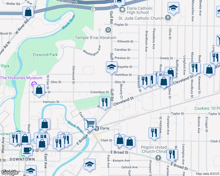 map of restaurants, bars, coffee shops, grocery stores, and more near 210 Gulf Road in Elyria