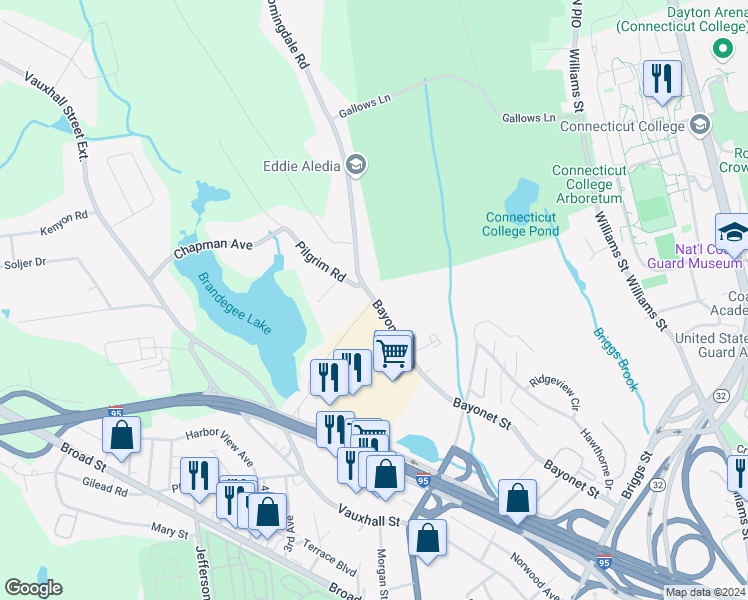 map of restaurants, bars, coffee shops, grocery stores, and more near 386 Bayonet Street in New London