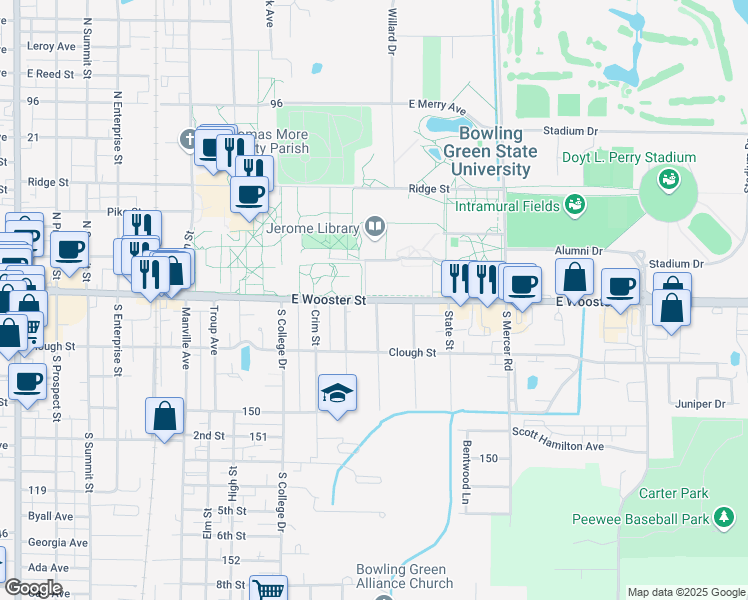 map of restaurants, bars, coffee shops, grocery stores, and more near 1125 East Wooster Street in Bowling Green