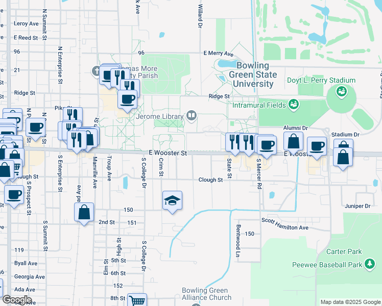 map of restaurants, bars, coffee shops, grocery stores, and more near 1125 East Wooster Street in Bowling Green
