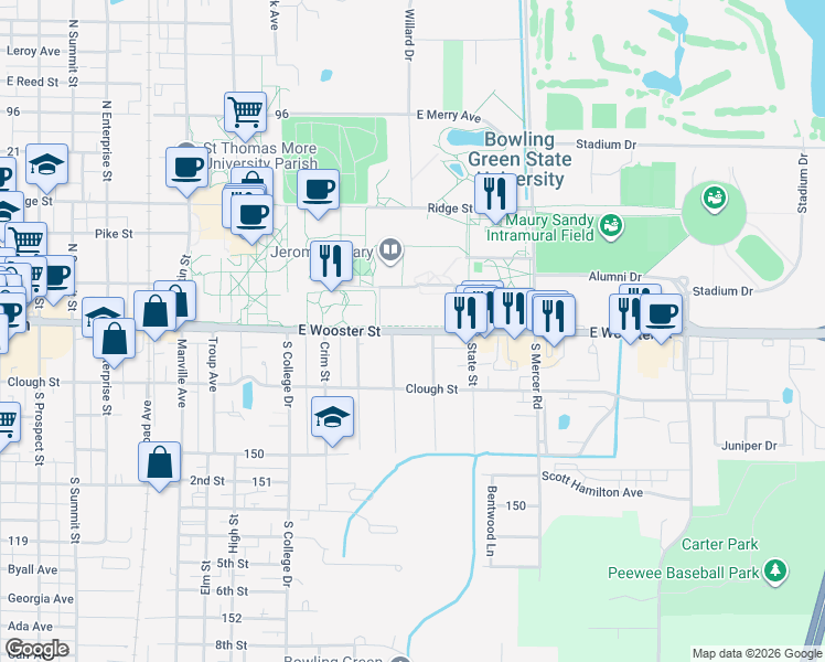 map of restaurants, bars, coffee shops, grocery stores, and more near E Wooster St in Bowling Green