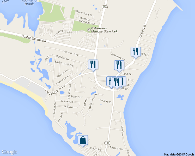 map of restaurants, bars, coffee shops, grocery stores, and more near 1110 Point Judith Road in Narragansett