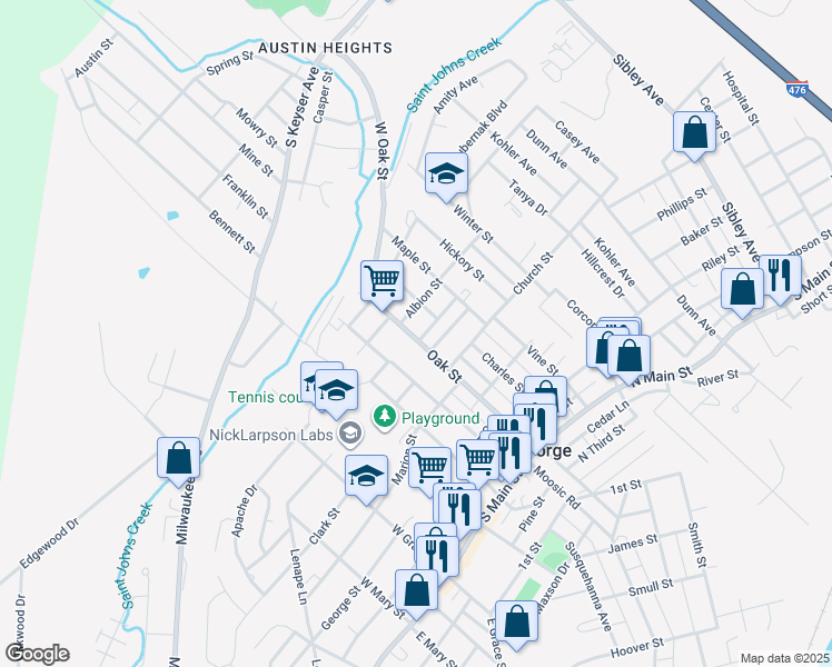 map of restaurants, bars, coffee shops, grocery stores, and more near 617 Oak Street in Old Forge